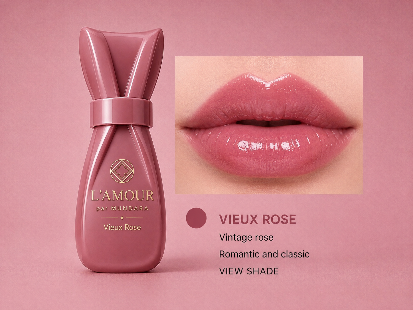 L’AMOUR par MUNDARA Vieux Rose lip tint bottle beside glossy lips in vintage rose