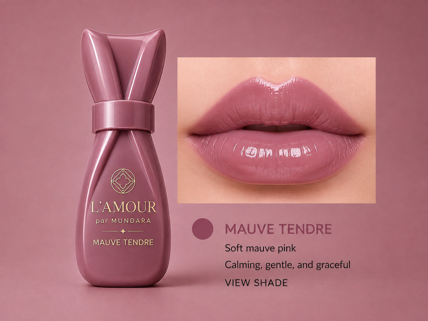 L’AMOUR par MUNDARA Mauve Tendre lip tint bottle beside glossy lips in soft mauve pink
