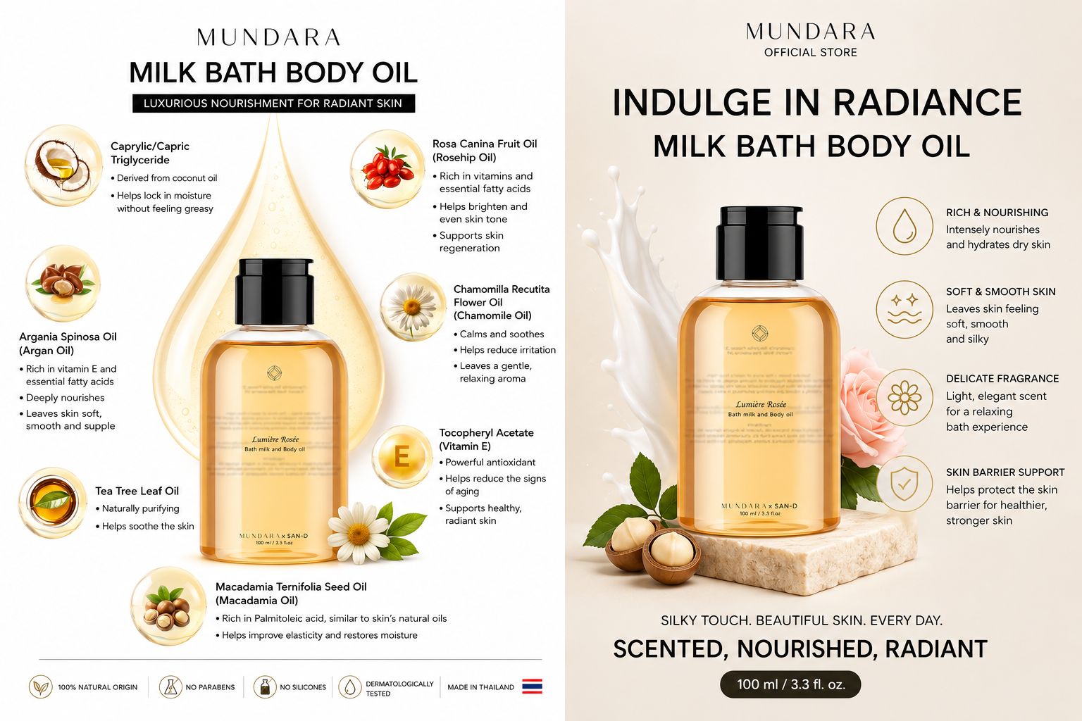 Milk Bath Body Oil key ingredients and benefits — argan, rosehip, chamomile, macadamia, vitamin E