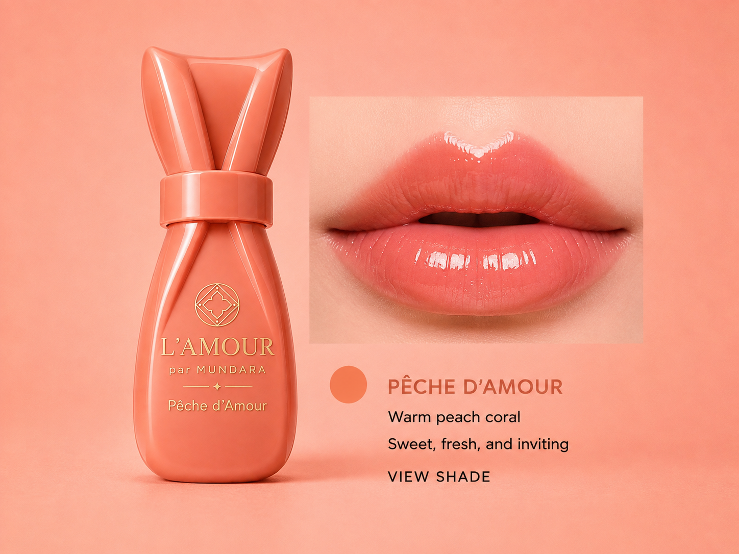 L’AMOUR par MUNDARA Pêche d’Amour lip tint bottle beside glossy lips in warm peach coral