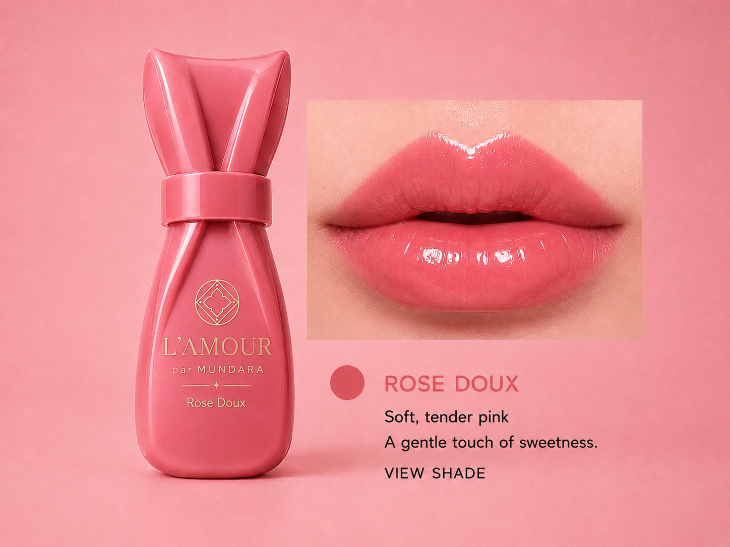 L’AMOUR par MUNDARA Rose Doux lip tint bottle beside glossy lips in soft tender pink