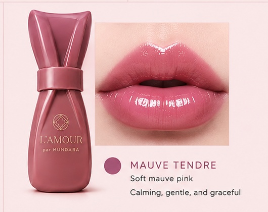 L’AMOUR par MUNDARA Mauve Tendre lip tint bottle beside glossy lips in soft mauve pink