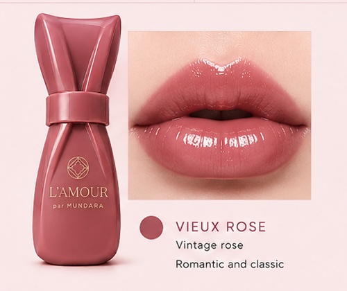 L’AMOUR par MUNDARA Vieux Rose lip tint bottle beside glossy lips in vintage rose