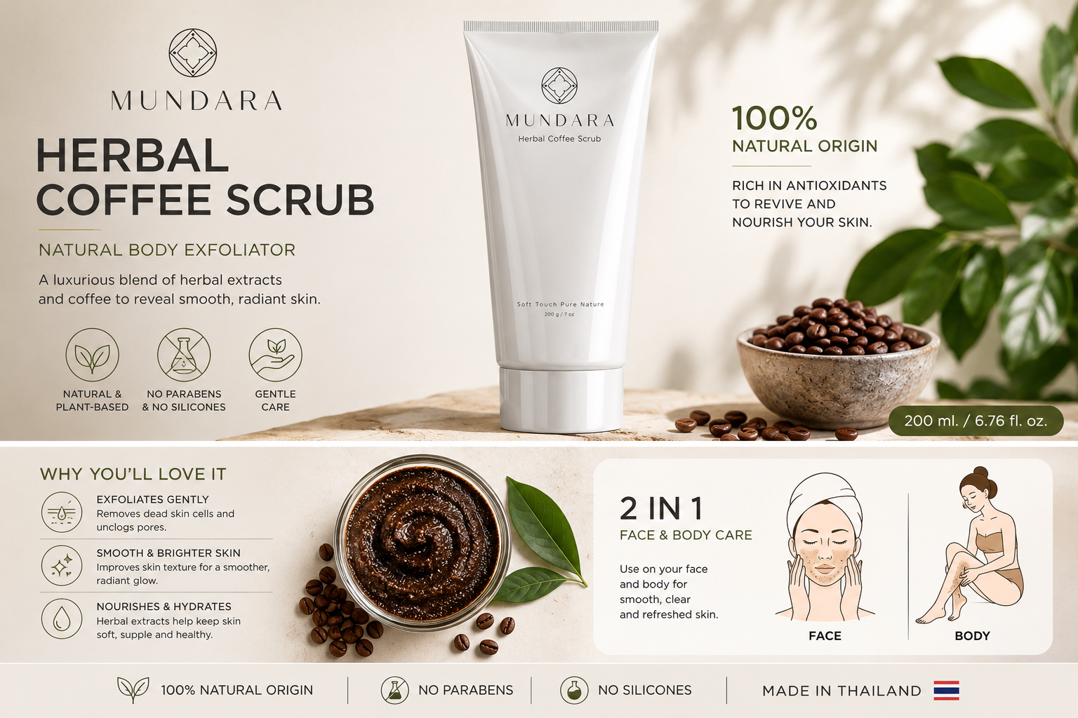 Herbal Coffee Scrub natural body exfoliator — benefits and 2-in-1 face and body use