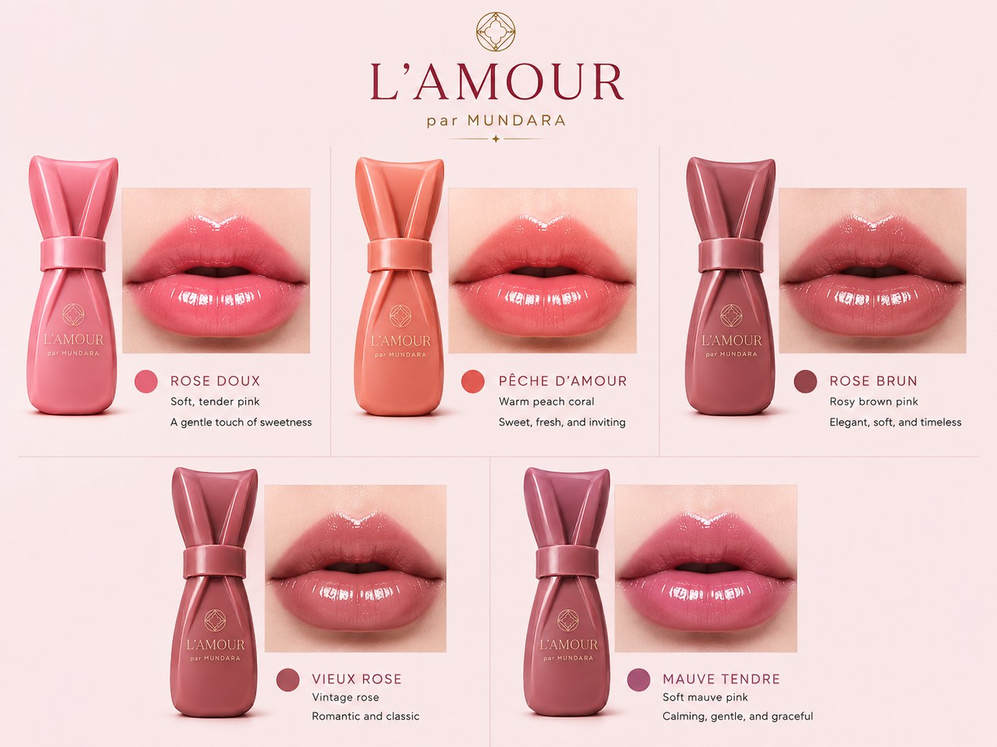 L’AMOUR par MUNDARA — Rose Doux, Pêche d’Amour, Rose Brun, Vieux Rose and Mauve Tendre with lip swatches