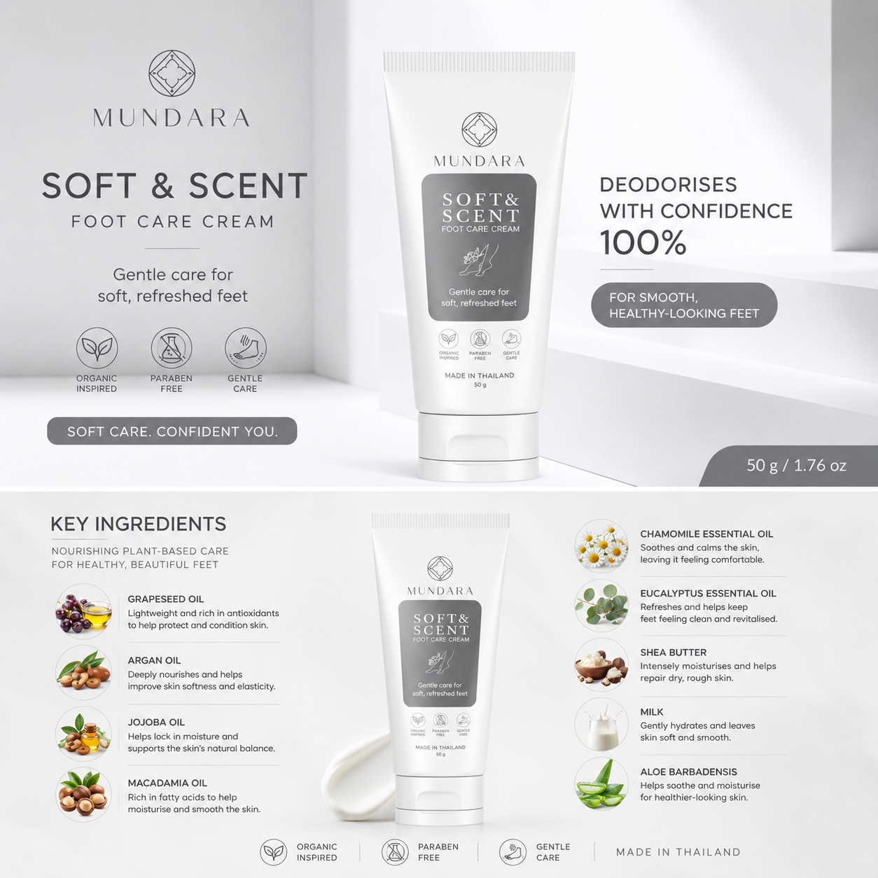 Soft & Scent Foot Care Cream key ingredients: grapeseed, argan, jojoba, macadamia, chamomile, eucalyptus, shea butter, milk and aloe