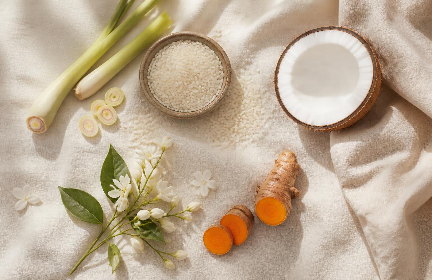 Thai botanicals — lemongrass, rice, coconut, turmeric and jasmine on ivory linen