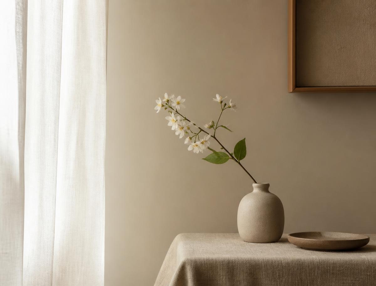 Minimal Scandinavian interior with a single flowering stem in soft ivory light